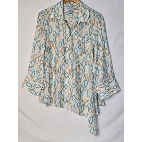 Multiples Sz Small Colorful Rayon ART-to-WEAR Blouse Button Front Asymmetrical - Picture 2 of 7